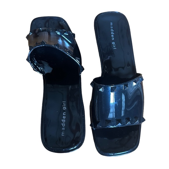 Madden Girl Paccer Shiny Black Studded Platform Heeled Jelly Slide Sandals 8.5 - Picture 4 of 13